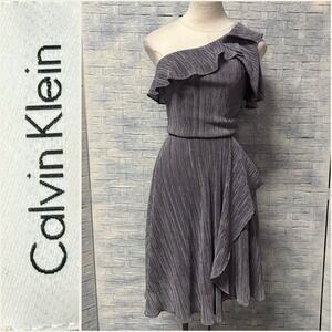 Calvin Klein Sz 2 One Shoulder Ruffle Pleated Midi Dress Metallic Silver Gray